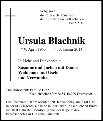 Traueranzeige von Ursula Blachnik von Tageszeitung