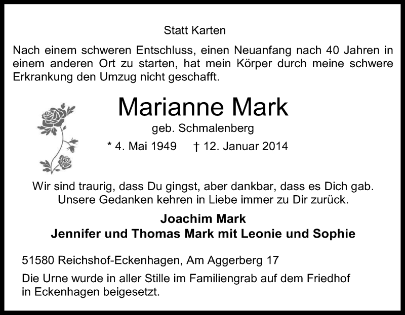  Traueranzeige für Marianne Mark vom 22.01.2014 aus Tageszeitung