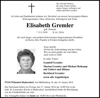 Traueranzeige von Elisabeth Gremler von Tageszeitung