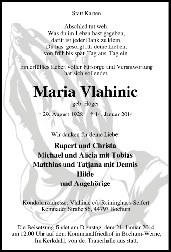 Traueranzeige von Maria Vlahinic von Tageszeitung