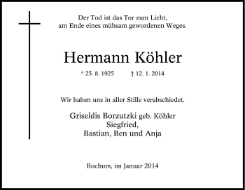 Traueranzeige von Hermann Köhler von Tageszeitung