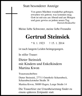 Traueranzeige von Gertrud Steinsiek von Tageszeitung
