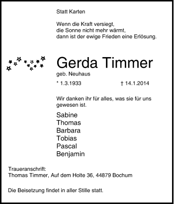 Traueranzeige von Gerda Timmer von Tageszeitung