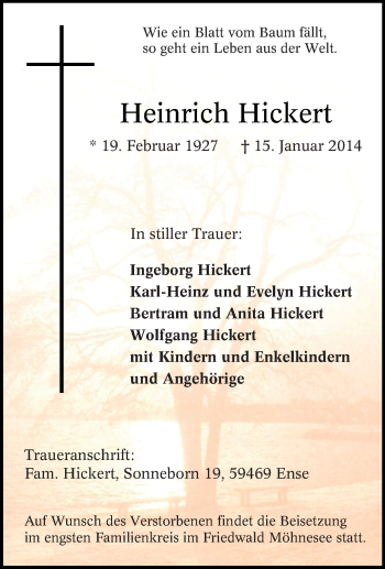 Traueranzeige von Heinrich Hickert von Tageszeitung