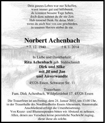 Traueranzeige von Norbert Achenbach von Tageszeitung