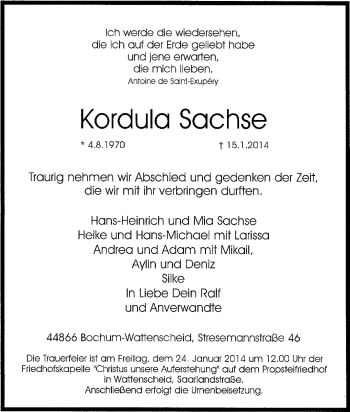 Traueranzeige von Kordula Sachse von Tageszeitung