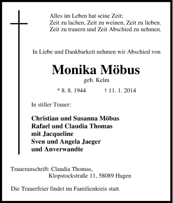 Traueranzeige von Monika Möbus von Tageszeitung