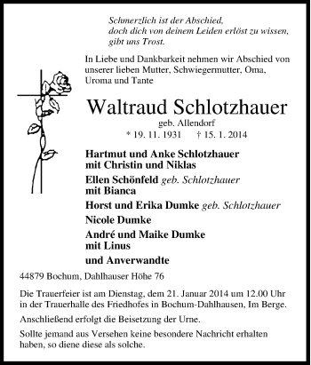 Traueranzeige von Waltraud Schlotzhauer von Tageszeitung
