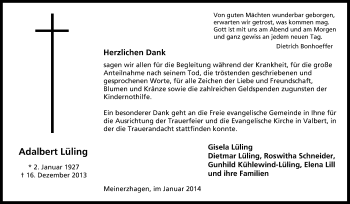 Traueranzeige von Adalbert Lüling von Tageszeitung