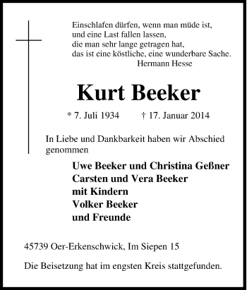 Traueranzeige von Kurt Beeker von Tageszeitung