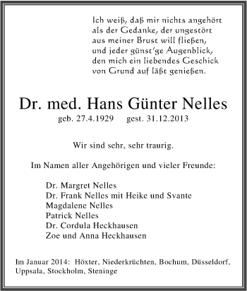 Traueranzeige von Hans Günter Nelles von Tageszeitung