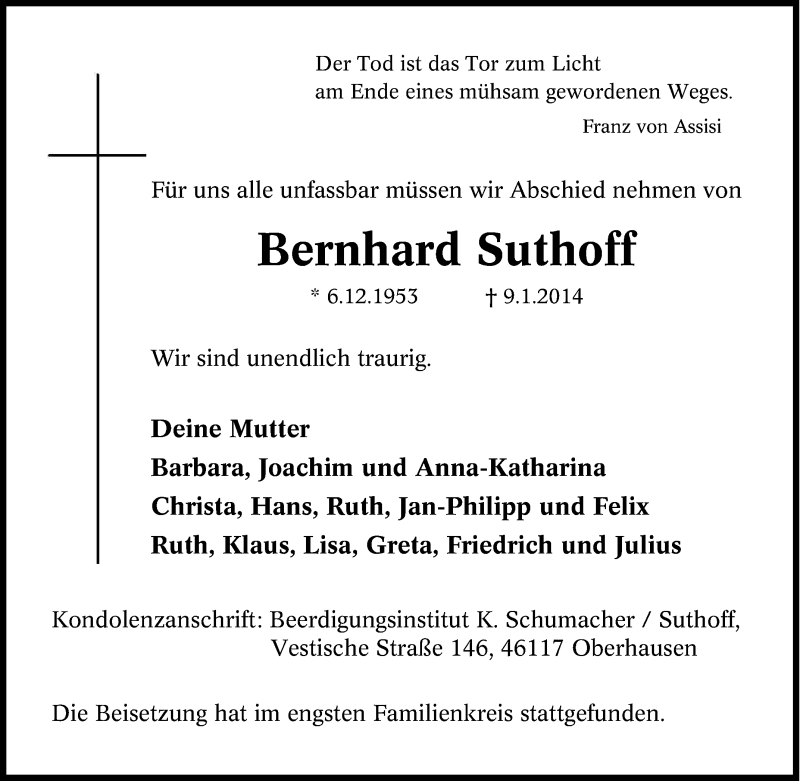  Traueranzeige für Bernhard Suthoff vom 18.01.2014 aus Tageszeitung