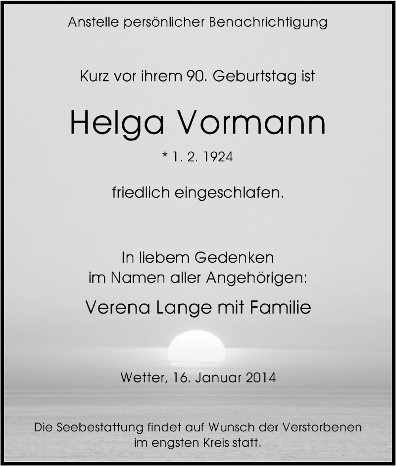  Traueranzeige für Helga Vormann vom 20.01.2014 aus Tageszeitung