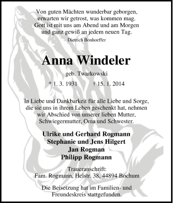 Traueranzeige von Anna Windeler von Tageszeitung