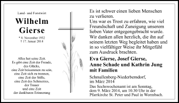 Traueranzeige von Wilhelm Gierse von Tageszeitung