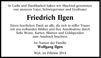 Traueranzeige von Friedrich Ilgen von Tageszeitung