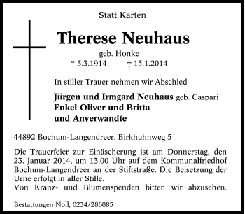 Traueranzeige von Therese Neuhaus von Tageszeitung