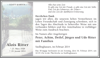 Traueranzeige von Alois Ritter von Tageszeitung