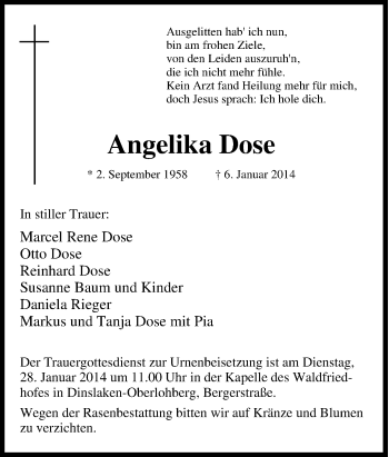 Traueranzeige von Angelika Dose von Tageszeitung