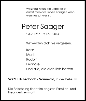 Traueranzeige von Peter Saager von Tageszeitung