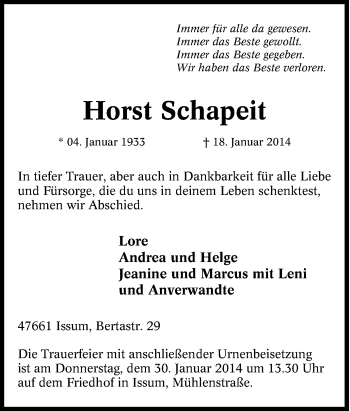 Traueranzeige von Horst Schapeit von Tageszeitung