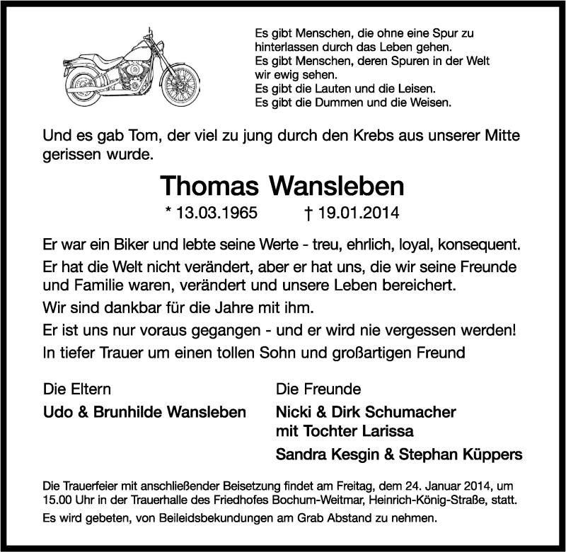  Traueranzeige für Thomas Wansleben vom 22.01.2014 aus Tageszeitung