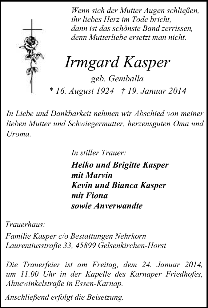  Traueranzeige für Irmgard Kasper vom 22.01.2014 aus Tageszeitung