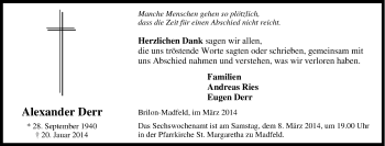 Traueranzeige von Alexander Derr von Tageszeitung