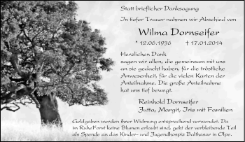 Traueranzeige von Wilma Dornseifer von Tageszeitung