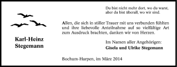 Traueranzeige von Karl-Heinz Stegemann von Tageszeitung