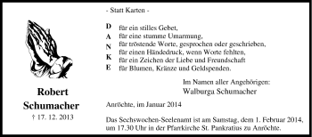 Traueranzeige von Robert Schumacher von Tageszeitung