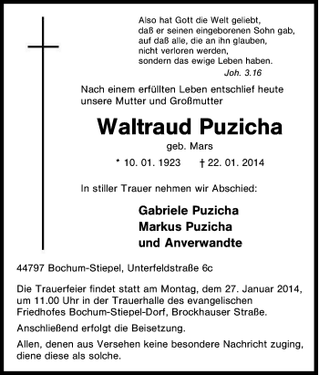 Traueranzeige von Waltraud Puzicha von Tageszeitung