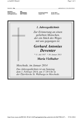 Traueranzeige von Gerhard Antonius Deventer von Tageszeitung