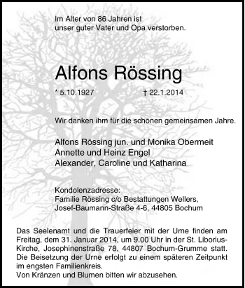 Traueranzeige von Alfons Rössing von Tageszeitung