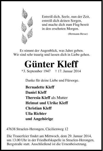 Traueranzeige von Günter Kleff von Tageszeitung