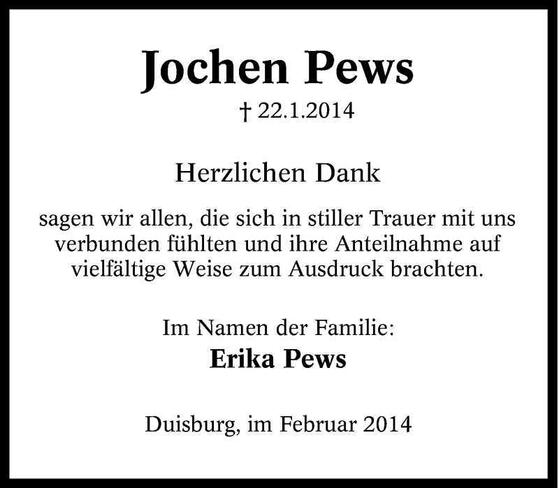  Traueranzeige für Jochen Pews vom 25.01.2014 aus Tageszeitung