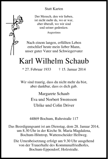 Traueranzeige von Karl Wilhelm Schaub von Tageszeitung