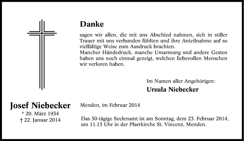  Traueranzeige für Josef Niebecker vom 25.01.2014 aus Tageszeitung