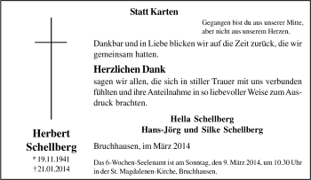 Traueranzeige von Herbert Schellberg von Tageszeitung