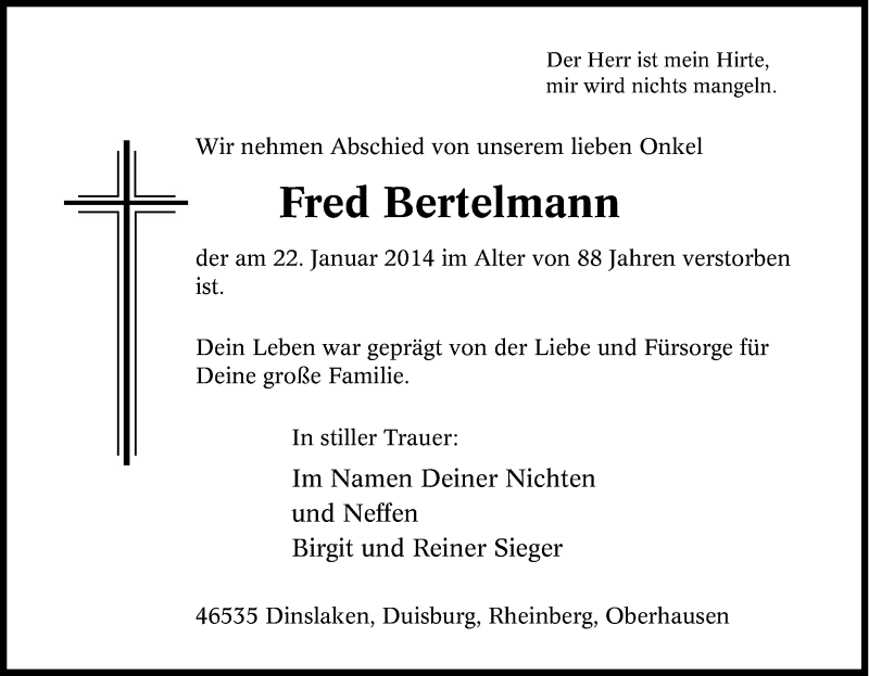  Traueranzeige für Fred Bertelmann vom 25.01.2014 aus Tageszeitung