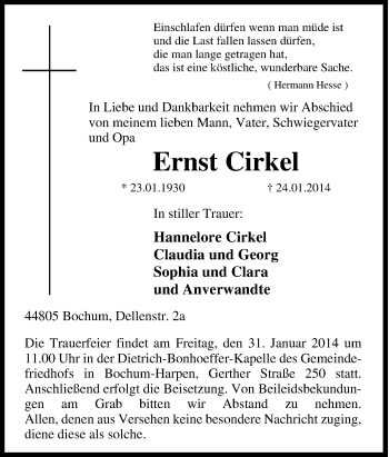 Traueranzeige von Ernst Cirkel von Tageszeitung