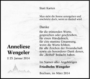 Traueranzeige von Anneliese Wengeler von Tageszeitung