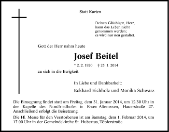 Traueranzeige von Josef Beitel von Tageszeitung
