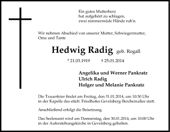 Traueranzeige von Hedwig Radig von Tageszeitung