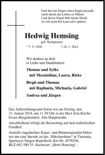 Traueranzeige von Hedwig Hemsing von Tageszeitung