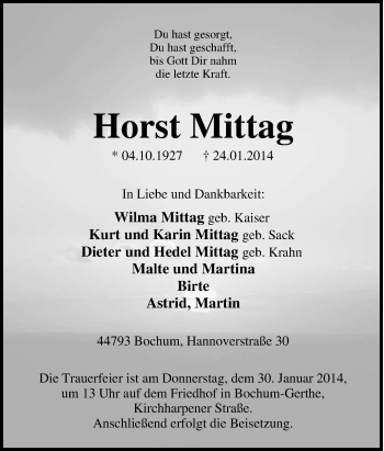 Traueranzeige von Horst Mittag von Tageszeitung