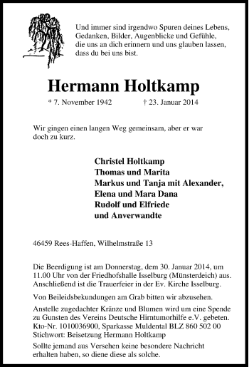 Traueranzeige von Hermann Holtkamp von Tageszeitung