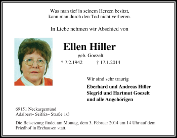 Traueranzeige von Ellen Hiller von Tageszeitung
