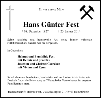 Traueranzeige von Hans Günter Fest von Tageszeitung