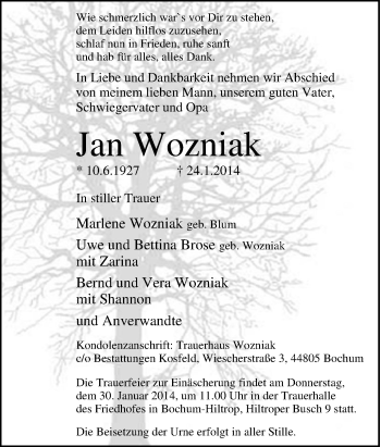 Traueranzeige von Jan Wozniak von Tageszeitung